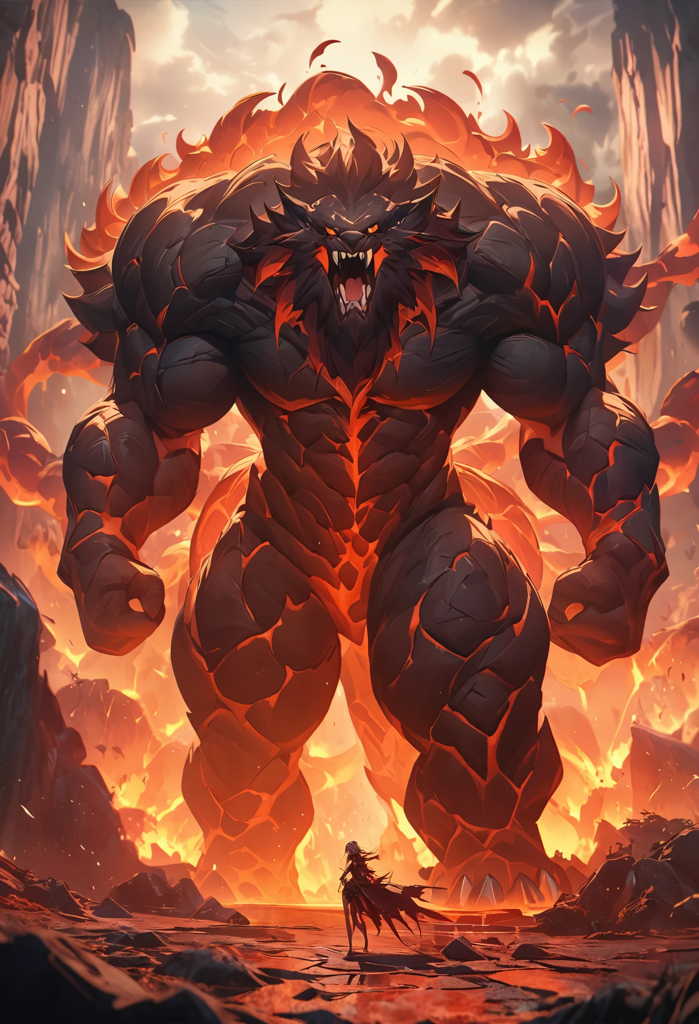 Lava Behemoth,Roaring to the sky,Full of cracks,Magma flows out of the cracks,Cracked earth,Fantasy style,8k,Super Fine,high quality,masterpiece,precise