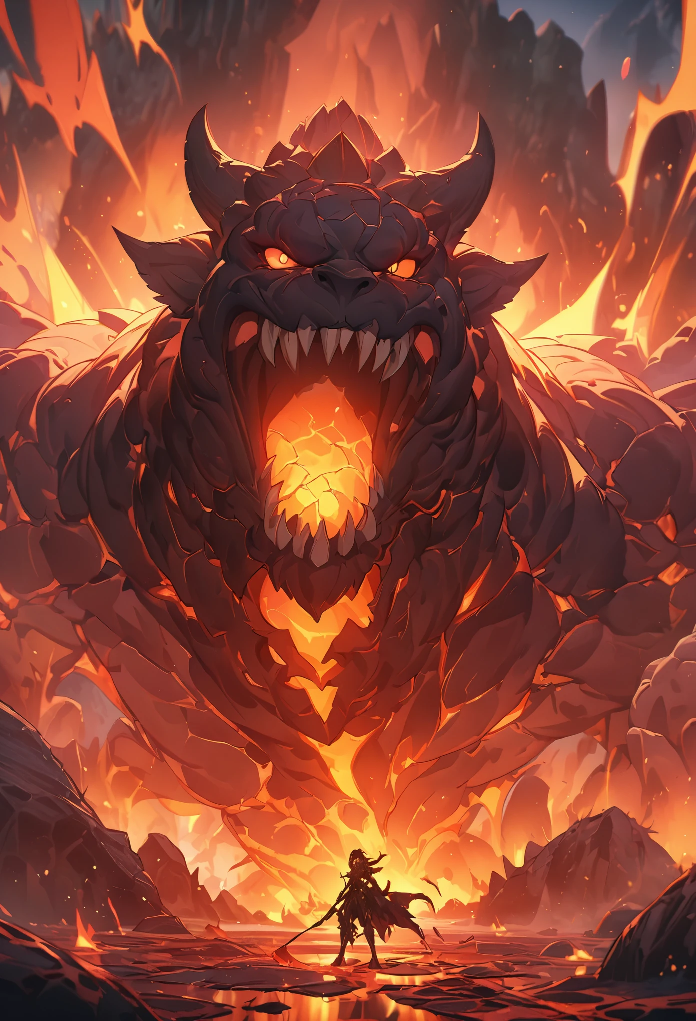 Lava Behemoth,Roaring to the sky,Full of cracks,Magma flows out of the cracks,Cracked earth,Fantasy style,8k,Super Fine,high quality,masterpiece,precise