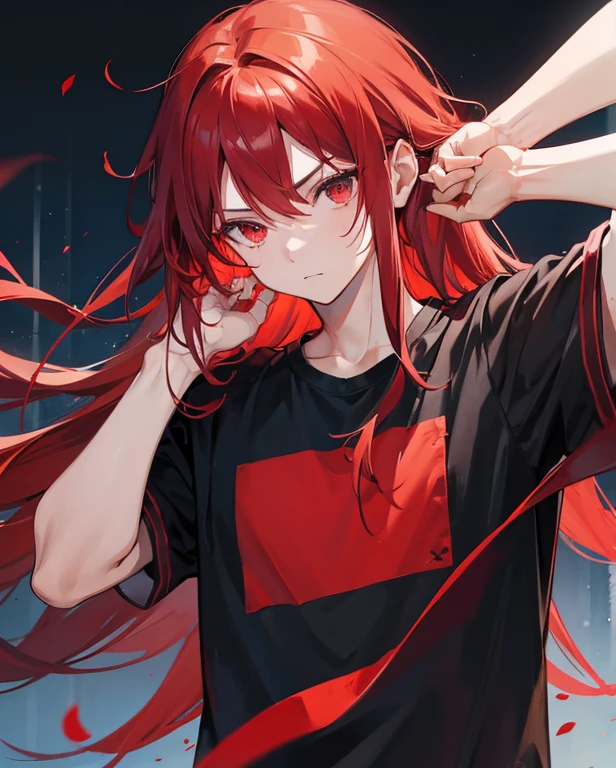 1boy, solo, red hair, long hair, red eyes, casual clothing, imposing