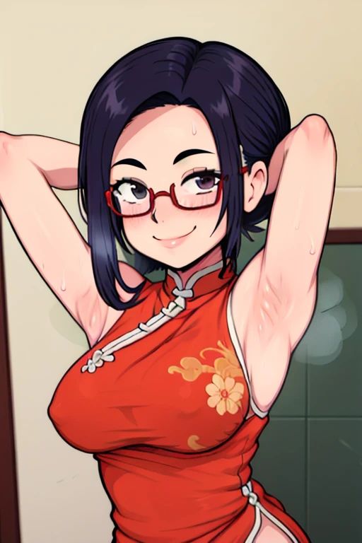 masterpiece, best quality, satou sakie, looking at viewer, large breasts, upper body, portrait, seductive smile, put your hands behind your head, armpits, armpits visible, sweaty armpits, wearing red chinese dress, wearing glasses