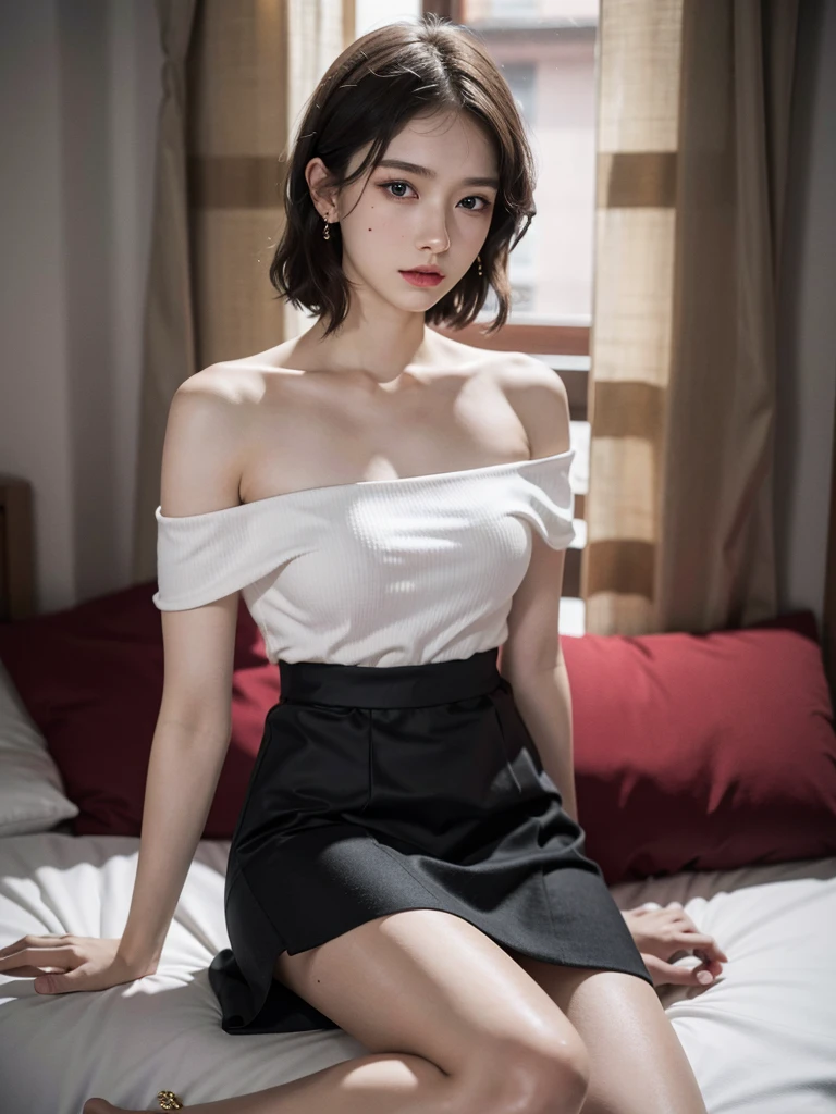 absurdres, RAW photo, extremely delicate and beautiful, masterpiece, Best Quality, ultra high resolution, 32k, hyperrealistic, ultra-detailed, detailed description, pale skin, 20 years old, detailed beautiful face and eyes, tearful mole, earring, ((Colossal tits)), short medium hair, wavy hair, full body shot, alone, shirt, skirt, bare legs, bare shoulder,