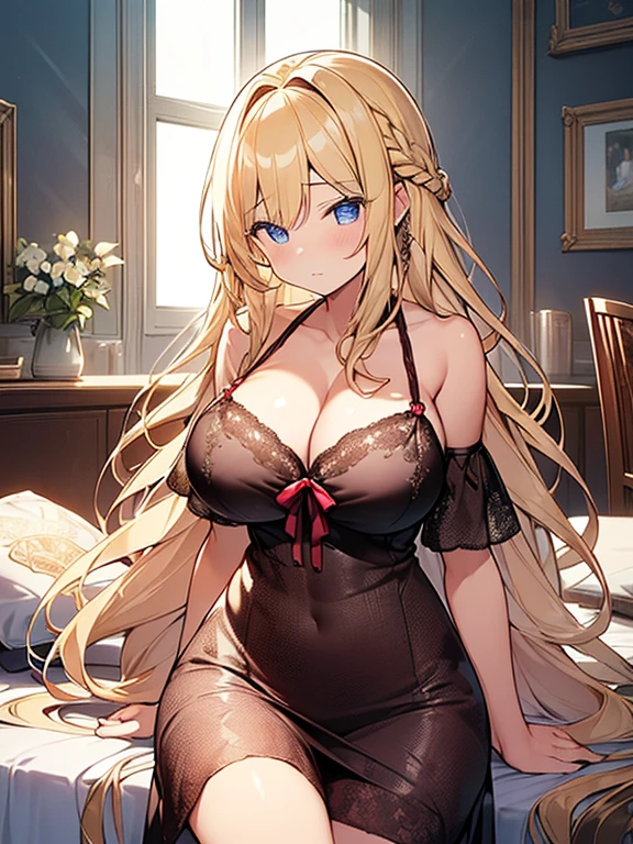 Tabletop, highest quality,figure, wallpaper, Super detailed, Absurd beauty、((1 beautiful girl、))、(Blonde、Long Hair、Braided hair、Wavy Hair、profile、sitting in a chair reading、Very large breasts、Showing cleavage）、My Room、Casual attire、Summer clothes、Loungewear、evening、Backlight