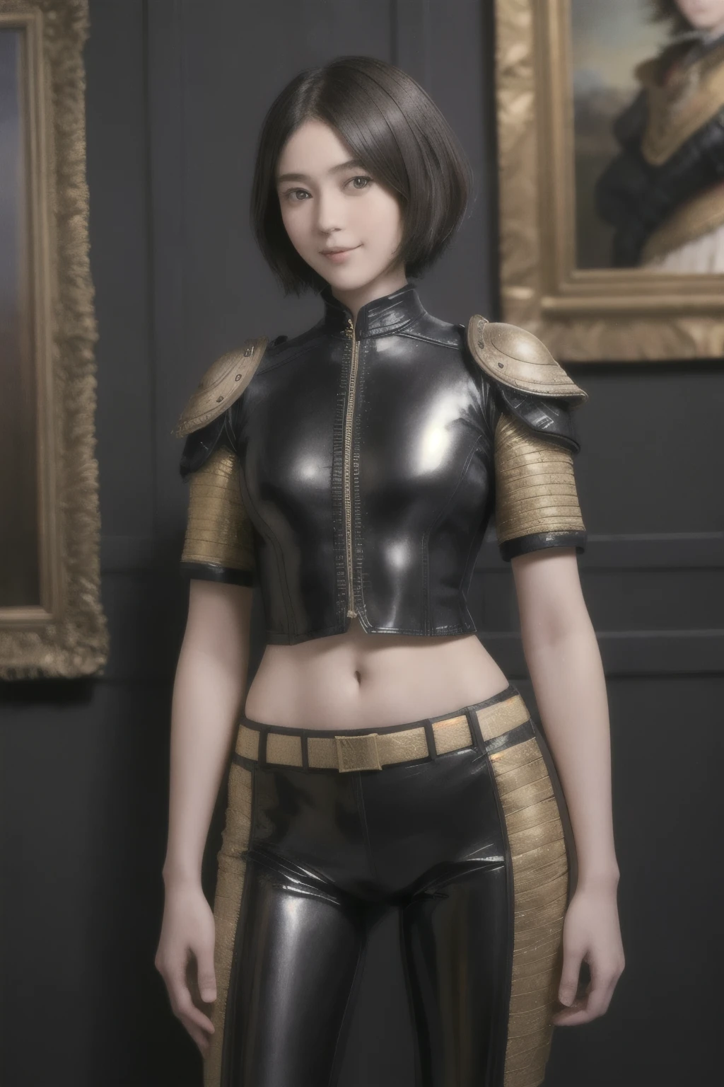 223 Short Hair, 20-year-old woman, A kind smile, (Luxurious stables), (Rembrandt-style painting), ((machinery suit,Clothes with short sleeves)),I can see your abs