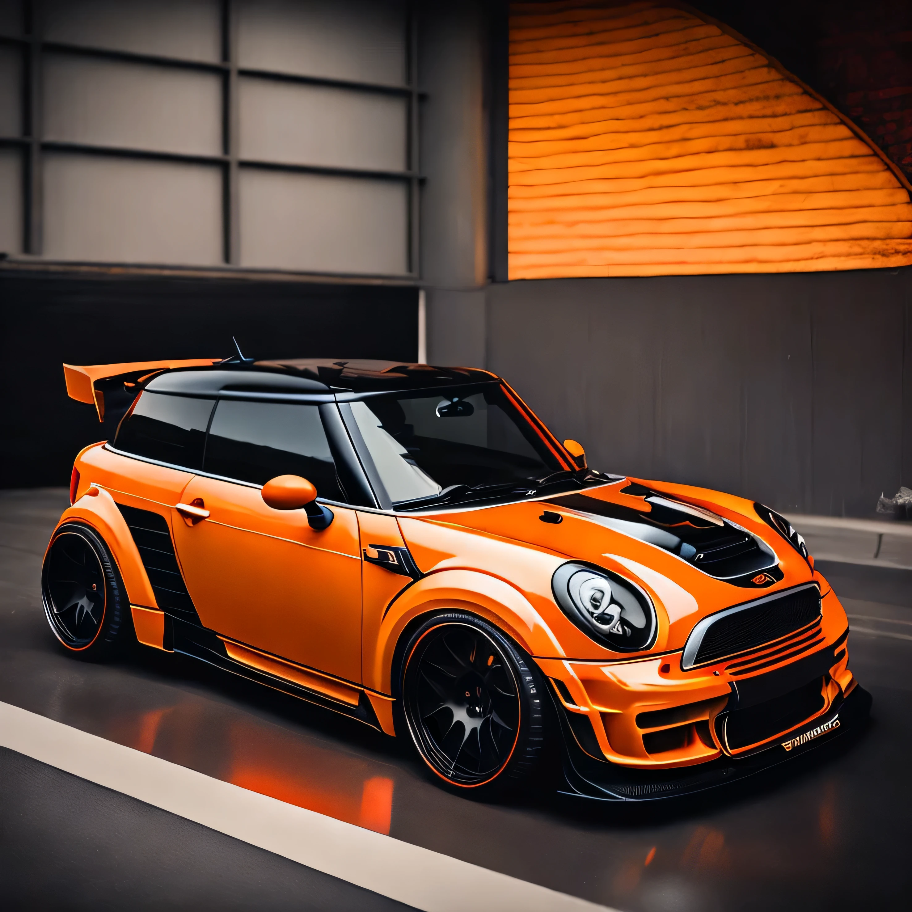 Artwork for t-shirt graphic design, bright orange coloured F56 Mini Cooper S in tunnel design, ((carbon fibre, Liberty walk ultra wide body kit)), aggressive stance ((background: racetrack, outside old industrial style building, large windows in background, overcast sky, heavy industrial look, cobble stone street)), 8K quality, realistic, realism, sharp, detailed, ultrawide, black and carbon fibre and deep candy orange colour scheme, front profile, epic stance, epic ultra wide body kit, super low stance, aggressive looks , street, background vintage pastel tone, highly detailed clean, vector image, realistic masterpiece, professional photography, realistic car, car sunrise background, flat black background, isometric, vibrant vector