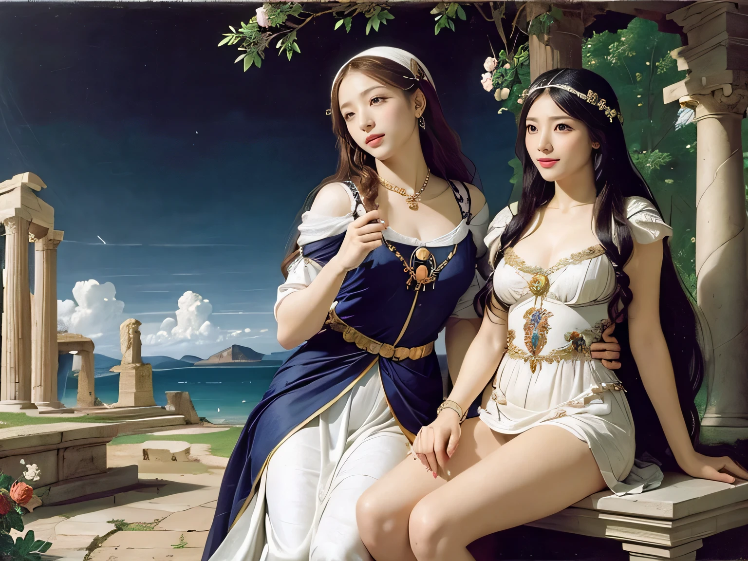 full body portrait or statue、Sandro Botticelli painting style,Arguments of two female Philosophe,math、astronomical machine、astronaut、roses in vase、fruits、Cute trinkets、smile、ancient greek costume、Ancient Roman landscape in the style of Nicolas Poussin,laughter,,Sweet and seductive appearance.、Caravaggio's paintings、Chiaroscuro of Caravaggio、hair tousled by the wind,Two women frolicking,cute smile, expression of ecstasy,Sexy,erotic