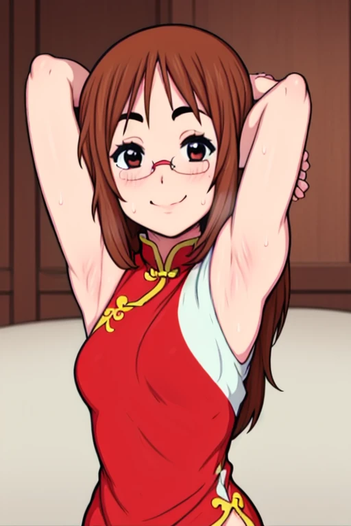 masterpiece, best quality, sawako, looking at viewer, very small breasts, upper body, portrait, seductive smile, put your hands behind your head, armpits, armpits visible, sweaty armpits, wearing red chinese dress, wearing glasses