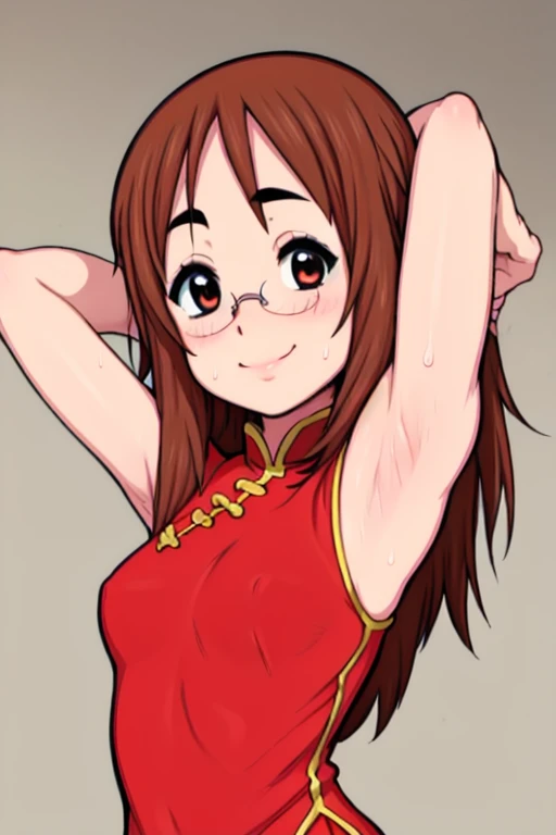 masterpiece, best quality, sawako, looking at viewer, very small breasts, upper body, portrait, seductive smile, put your hands behind your head, armpits, armpits visible, sweaty armpits, wearing red chinese dress, wearing glasses