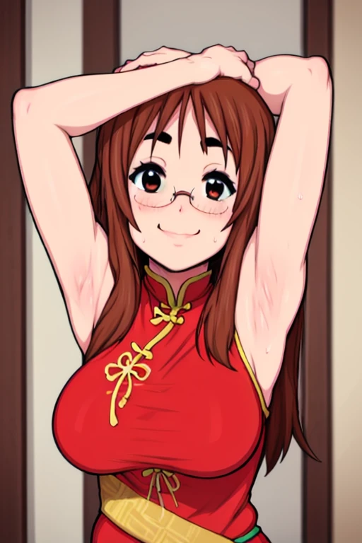 masterpiece, best quality, sawako, looking at viewer, very large breasts, upper body, portrait, seductive smile, put your hands behind your head, armpits, armpits visible, sweaty armpits, wearing red chinese dress, wearing glasses