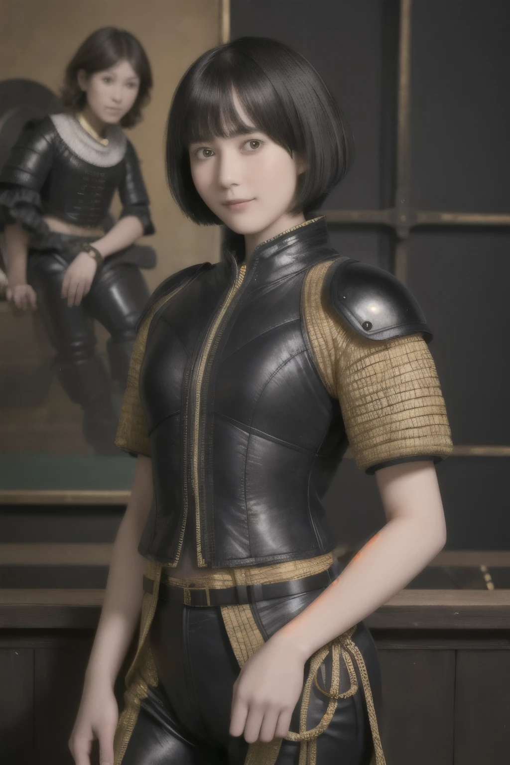 223 Short Hair, 20-year-old woman, A kind smile, (Luxurious stables), (Rembrandt-style painting), ((machinery suit,Clothes with short sleeves)),I can see your abs