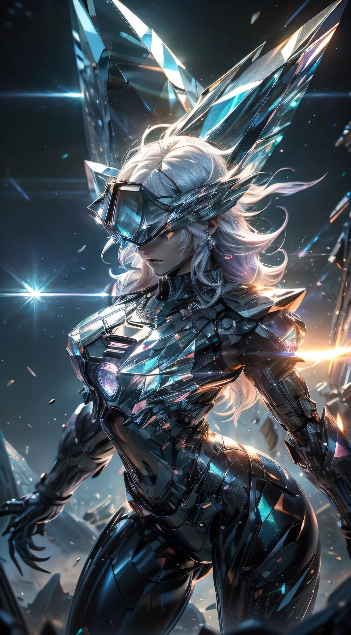 Full body portrait, top-quality、Top image quality、masterpiece、girl with((Glowing black mechanical body、glowing mechanic suit、18year old、teen ager、cute little、Best Bust、big bast,Beautiful shining purple eyes、Breasts wide open, white hair、Longhaire、A slender,Large valleys、belligerent movements,sharp claws, Crystal visor on the right eye、being filmed、battle suits)),hiquality、Beautiful Art、Background with((crystal battlefield)))、,masutepiece、depth of fields,Cinematic style