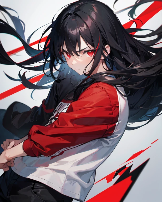 1boy, solo, black hair, long hair, red eyes, casual clothing, imposing