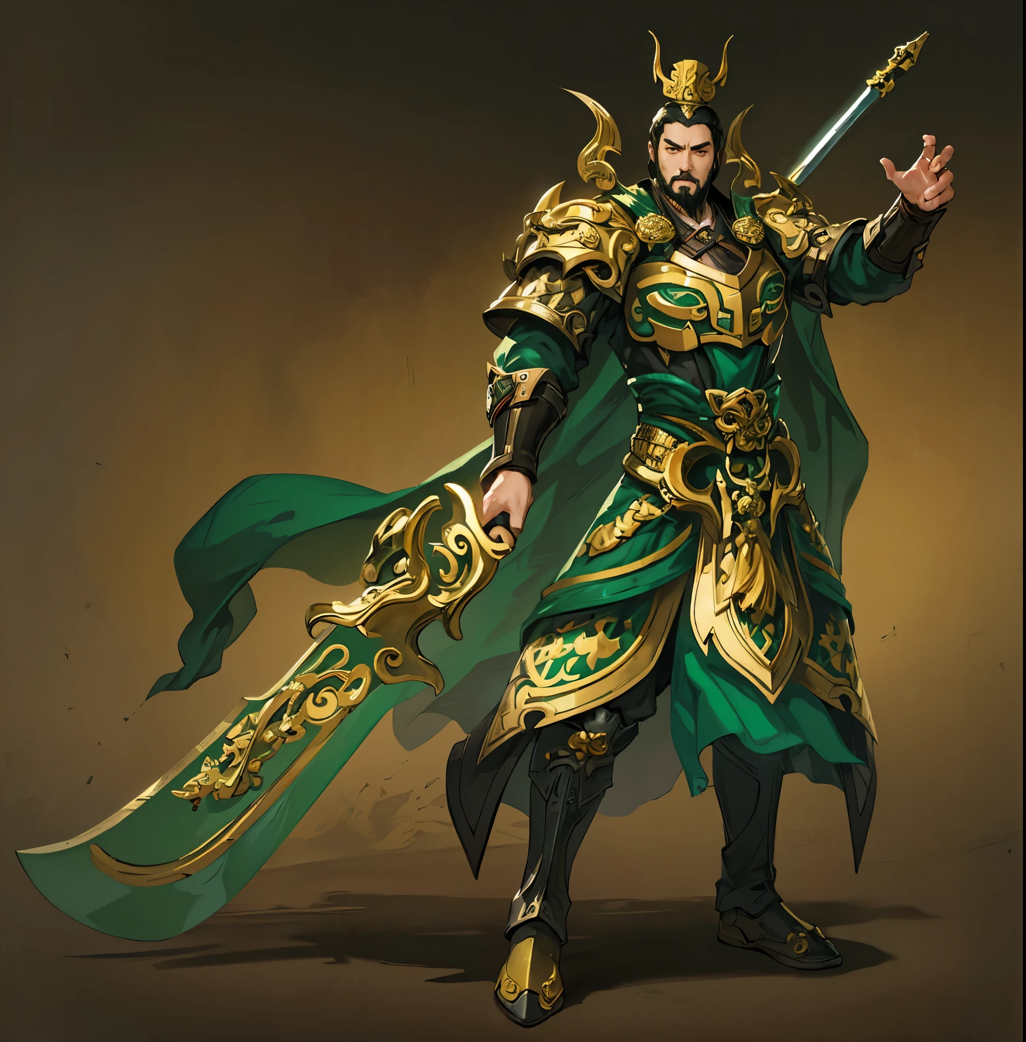male,Military commander,Guan Yu,Black long beard,Green sword with gold edge,Black hair,Green clothes with gold trim,Gold boots,Three Kingdoms,warrior,Gray background,White background