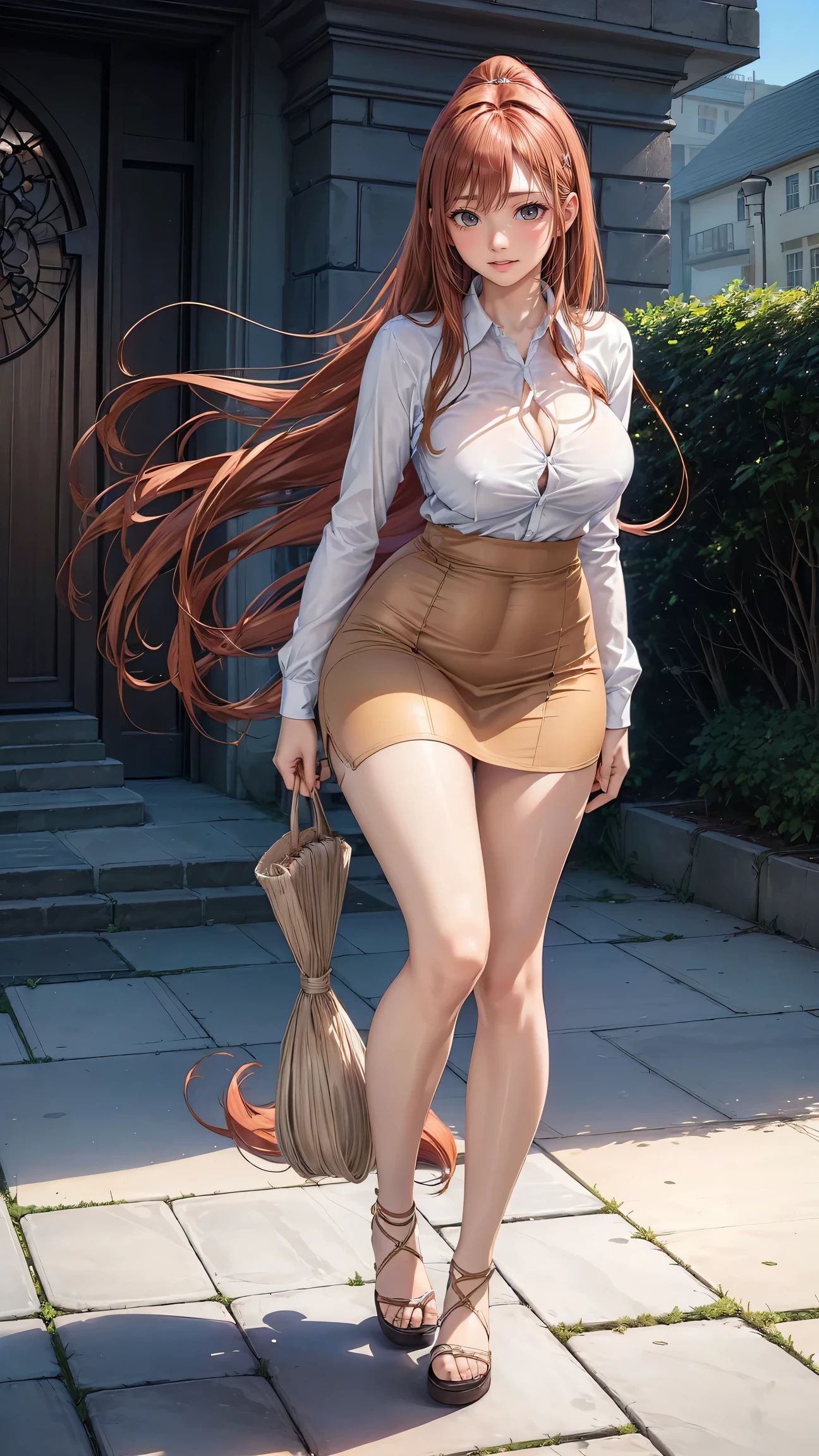 (from below),((1girl:1.5),curvy,,beautiful breasts,(large breasts),pale skin,erect nipples),((realistic),high resolution,best quality,masterpiece,(Sense of presence:1.5),(((Dynamic,bold))))),(((extra long High ponytail),(straight hair),Swept bangs,(extra light coppery red hair),(hair over one eye),hair blowing in the wind)),((clothed:1.5),baggy pullover hoodie,(very long tight skirt:1.5))