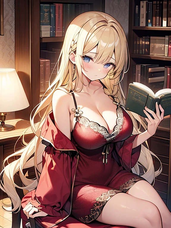 Tabletop, highest quality,figure, wallpaper, Super detailed, Absurd beauty、((1 beautiful girl、16 years old))、(Blonde、Long Hair、Braided hair、Wavy Hair、profile、sitting in a chair reading a book、Ample breasts、Showing cleavage）、My Room、Casual attire、Summer clothes、Loungewear、evening、Backlight