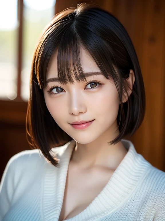 (highest quality:1.5)、(Realistic:1.5)、(1 person:1.5)、Very detailed、High resolution、8k wallpaper、(Her bra is slightly visible through her  from her slouched sweater)、Small breasts、 color lips、Cute smile、Japanese women、20 year old girl、Arched thin eyebrows、Beautiful and elegant face、Cute face、(Large, balanced eyes)、Big Eyes、Fair skin、Beautiful and elegant face、Natural Bangs、Beautiful and thin nose、Beautiful Skin、Medium Bob Hair、Natural Bangs、Perfect and beautiful face、Slim face and figure、（Natural smileでカメラを見て）、(Bright lighting)、Professional Lighting、 (Lighting from the front)、Natural smile、living room、