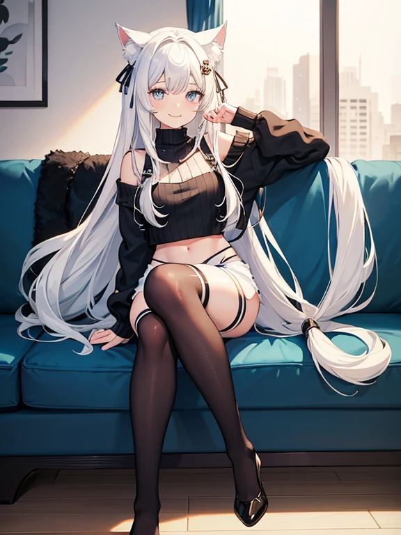 portrait of a cat girl with long white hair, blue cat eyes, cat ears, cat tail, beige colored cable knit sweater, black shorts, white thigh highs, smiling, sitting on couch, high quality, highres