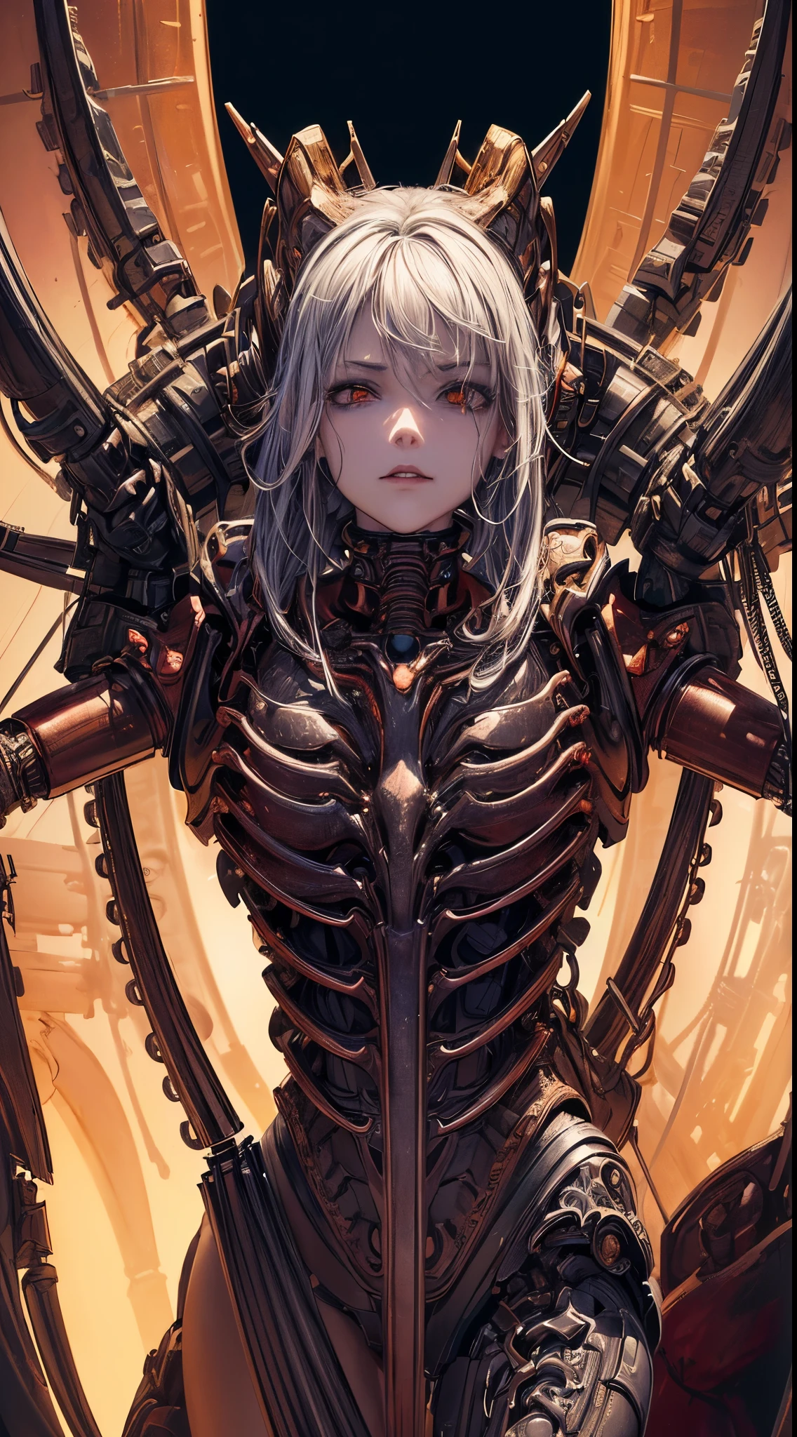(((Masterpiece))), ((Best Quality)), (Super Detail), (CG Illustration), (Very Evil and Beautiful)), Cinematic Light, ((1 Mechanical Girl)), Single, (Mechanical Art: 1.4), ((Mechanical limb)), (Blood vessel attached to a tube), ((Mechanical spine attached to the back)), ((Mechanical cervical vertebrae attached to the neck), (Back to the viewer)), expressionless, Body Wrapped Around Mechanical Tentacles