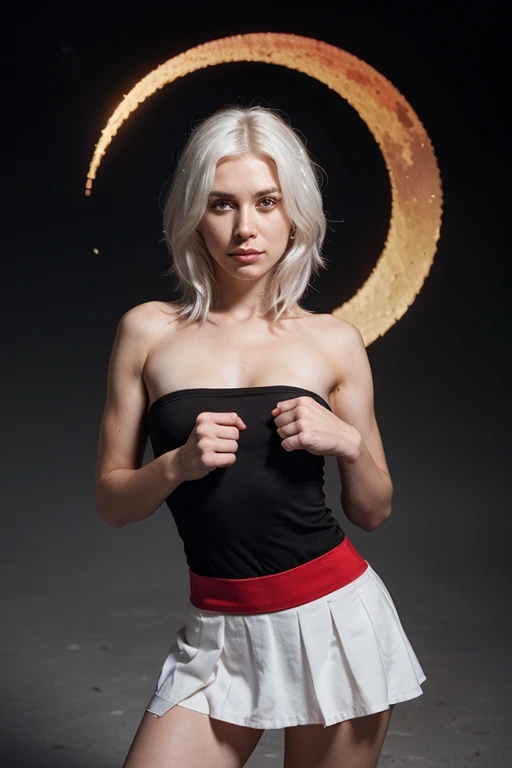 Web Illustrations of white , red eyes, white hair, moon, red skirt, fist pump,