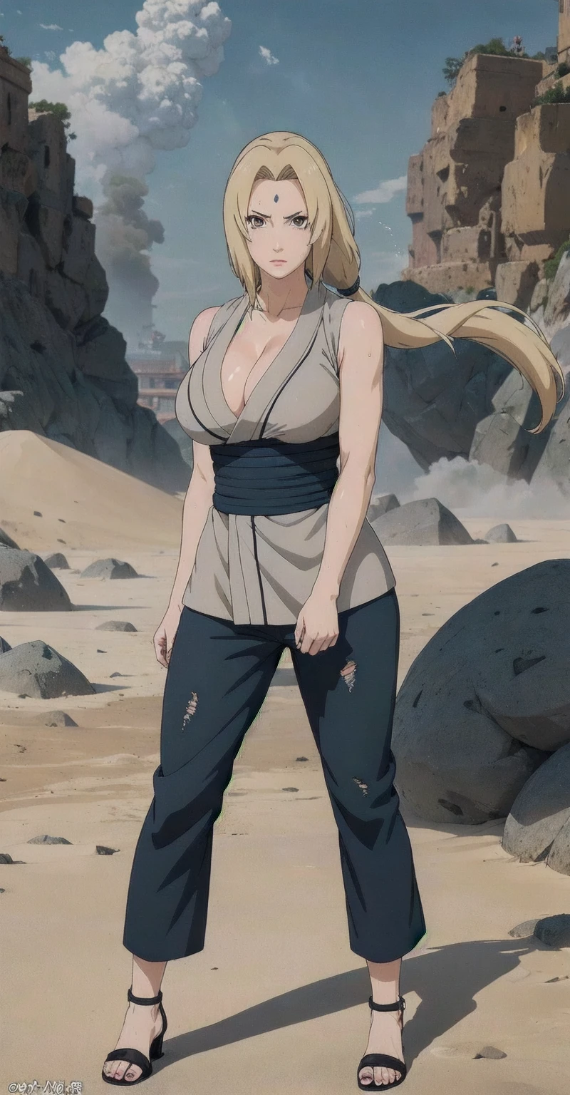 (masterpiece, highest quality:1.2), alone, One Girl, Tsunade Defense, Forehead mark, View your viewers、((Battle Scenes、Fighting Pose、Sweat、Sand smoke、Raw、Rocky area、pants、Sleeveless、Blood、 exposed、Torn clothes、Large areola、chest))、Beautiful girl with beautiful details, Professional photography lighting, Highly detailed eyes and face, Beautiful eyes in every detail、Beautiful detailed hair, Beautiful and exquisite cold face、anime