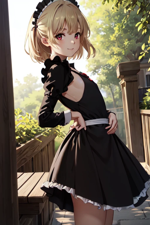 masterpiece, best quality, ultra detailed, highres, extremely detailed CG unity 8k wallpaper, perfect lighting,  very detailed background, Outdoor、beautiful and aesthetic,sharp focus, perfect face, Perfect hands、Perfect Fingers、Perfect toes、Five fingers、
1lady、 smiling、
Short blonde, large red eyes、delicate oval face、(flat chest:1.4)、Looking up at the viewer、
(Black maid outfit:1.5)、Ambient light、Volumetric Light、shoot from side、(Glowing Skin:1.3)