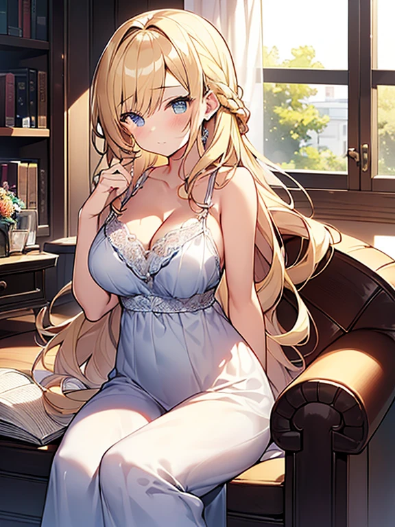 Tabletop, highest quality,figure, wallpaper, Super detailed, Absurd beauty、((1 beautiful girl、))、(Blonde、Long Hair、Braided hair、Wavy Hair、profile、sitting in a chair reading a book、Focus on reading、Ample breasts、Showing cleavage)、My Room、Casual attire、Summer clothes、Loungewear、evening、Backlight