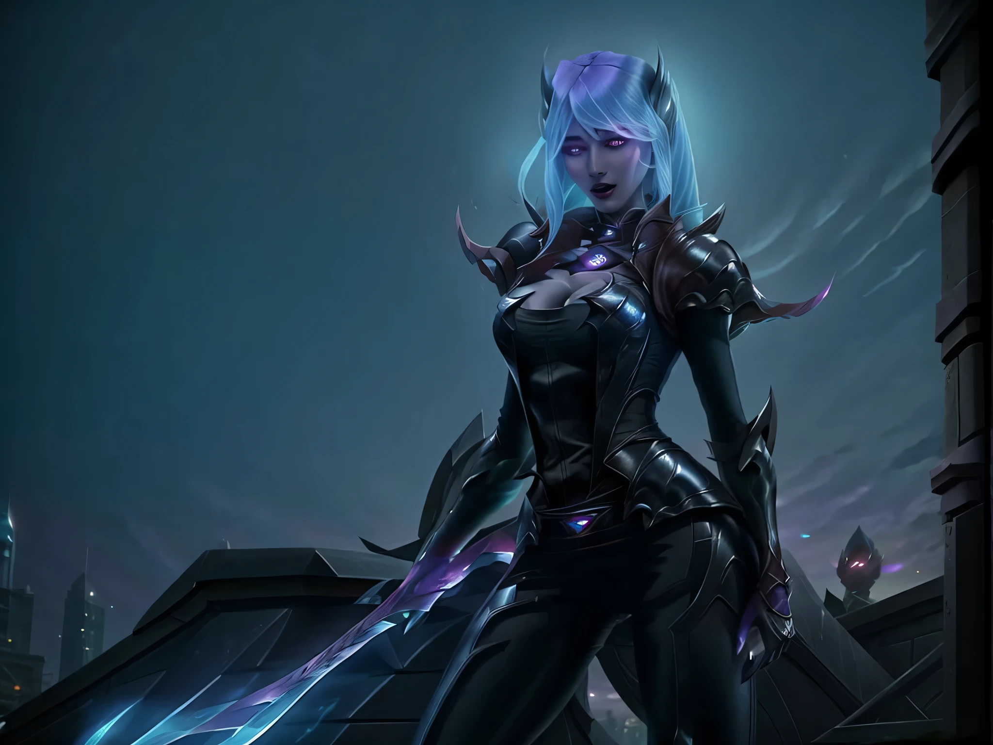 Katarina from league of legends standing ontop of a rooftop, at nighttime with a dark purple sky and ,glowing white eyes, With Dark Magical faeries surrounding her