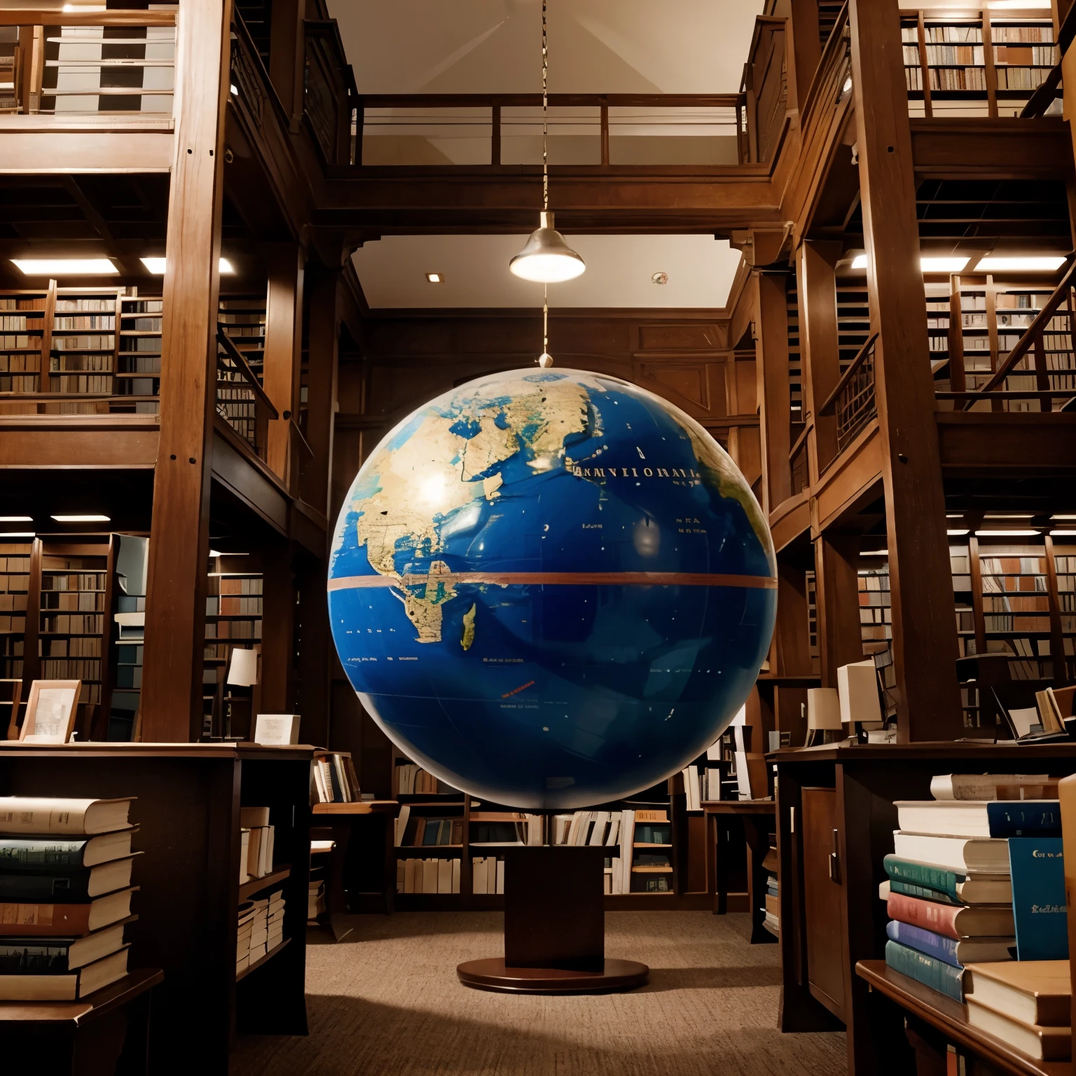 Image of a sphere standing in a library with books