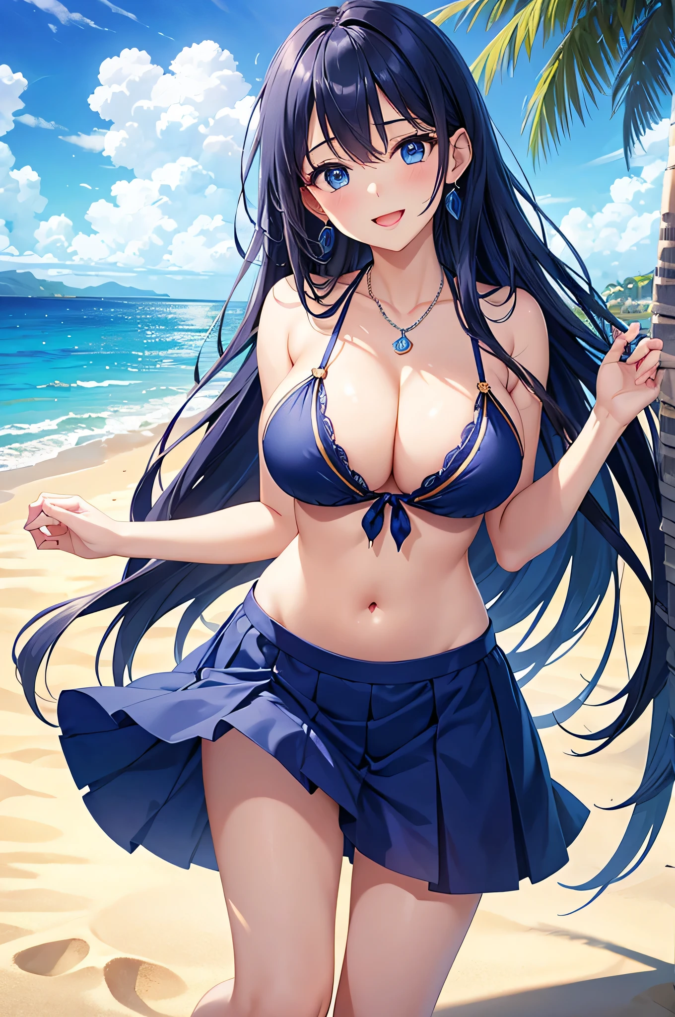 highest quality、Best image quality、masterpiece、beautiful girl、Navy blue long hair、blue eyes、Navy Blue Bikini、Big cleavage、(Big Breasts)、smile、blue necklace、Blue Earrings、background(Beach)、Sexy pose、Please open your mouth wide、Navy Blue Skirt