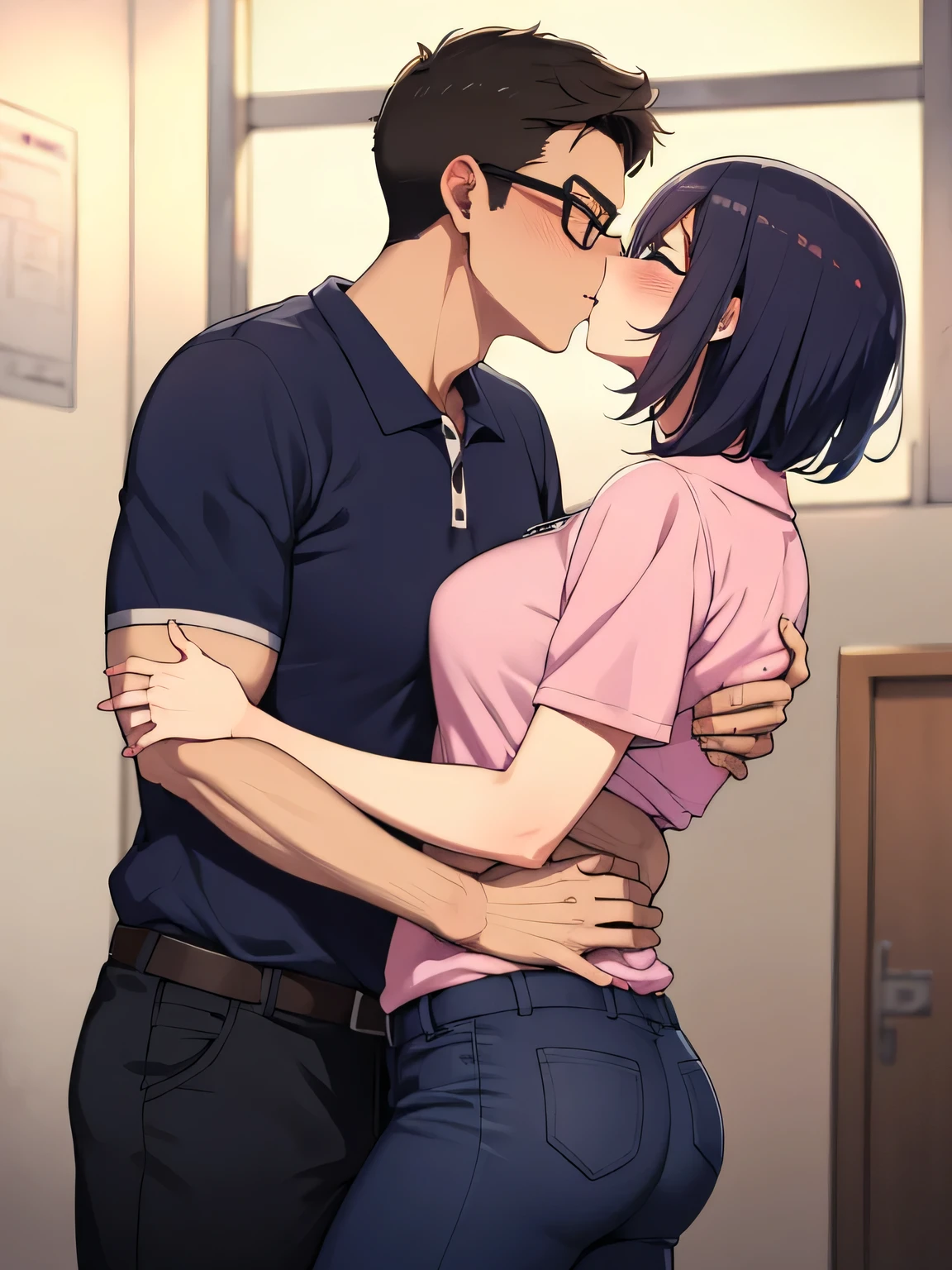 Standing, Reluctant, Running away, Refusing, Being in trouble, Being caught, Green eyes, Wearing a hot pink polo shirt, Black trousers, Adult woman wearing glasses, The exact number of fingers、Short sleeves Exact leg count、Exact number of arms、, Short hair Black hair, (blush:1), (Small breasts:1),highest quality, High resolution,Highly detailed face, Extremely detailed CG, (Perfect hands, Perfect Anatomy),Hospital, examination room, dynamic angle, forced kiss, hug, deep kiss, lots of drool, sexual harassment, humiliation, seen by multiple men