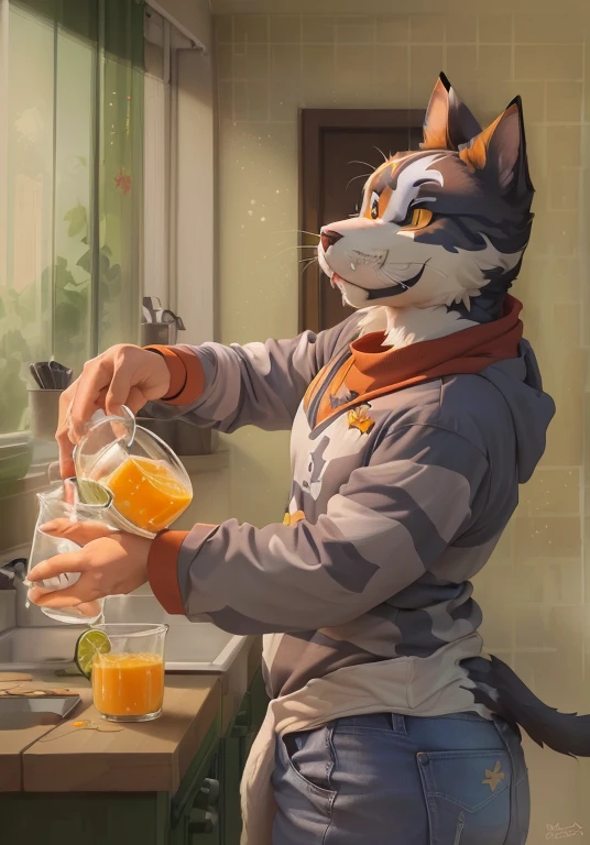 there is a caricature, where the cat pours orange juice into a bowl, pov Furry art, anthro art, high resolution commission, fursona Furry art commission, Furry art!!!, Furry art, anthropomorphic Furry art, fursona art, furry fantasy art, Get it tacos and drink it), furry character portrait, anthro paw first person art, fursona commission