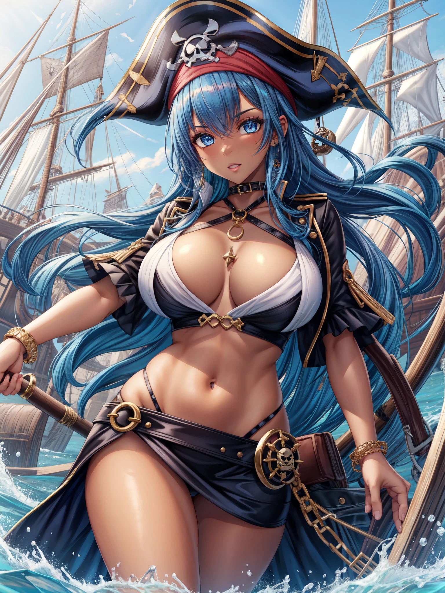 1GIRL, large BREASTS, PIRATE, SOLO, BLUE HAIR, BLUE EYES,PIRATE HAT, DARK SKIN, DARK-SKINNED, FEMALE, THICC THIGHS, (detailed body,(detailed face)),