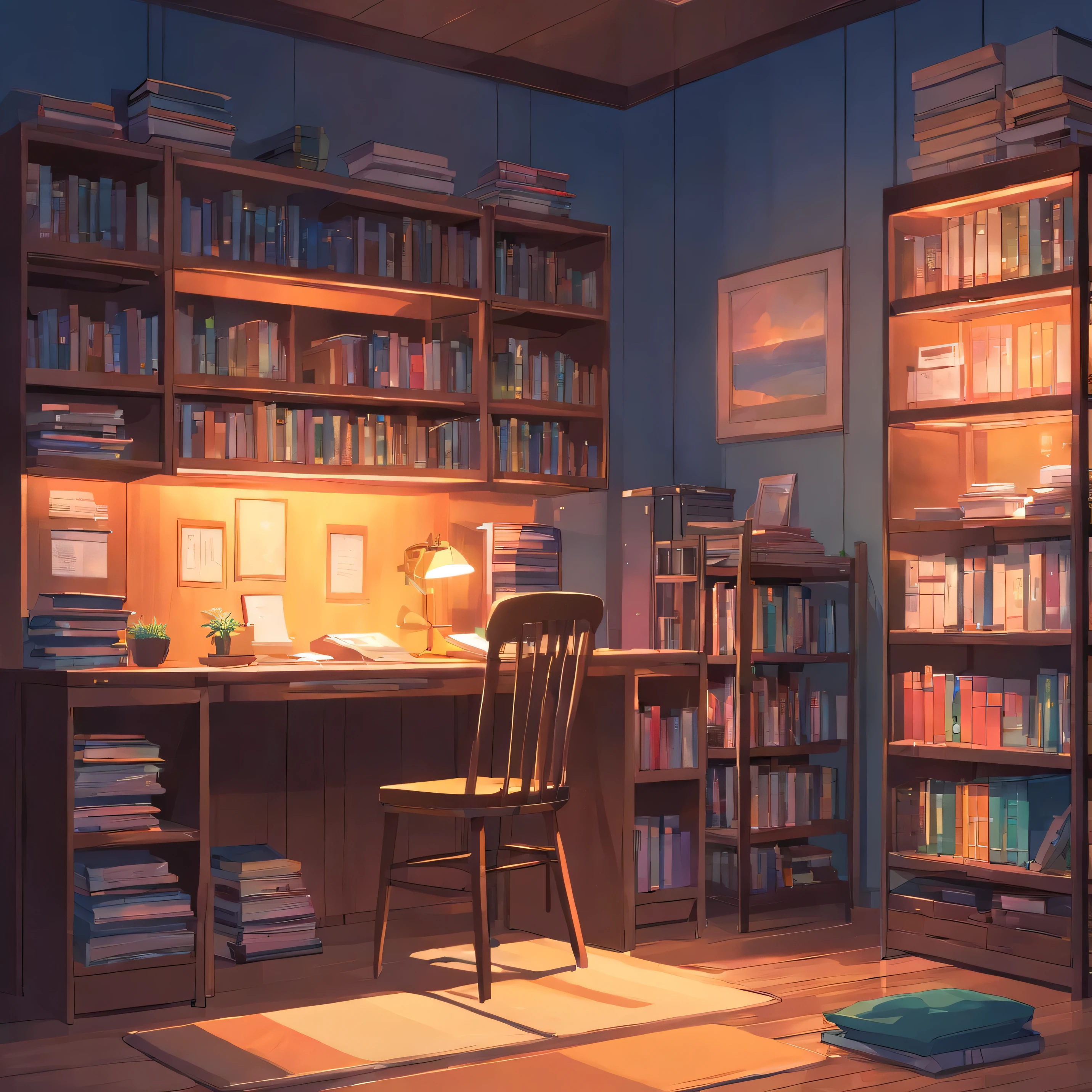 Study room at night,((Front bookshelf)),book,desk,Chair