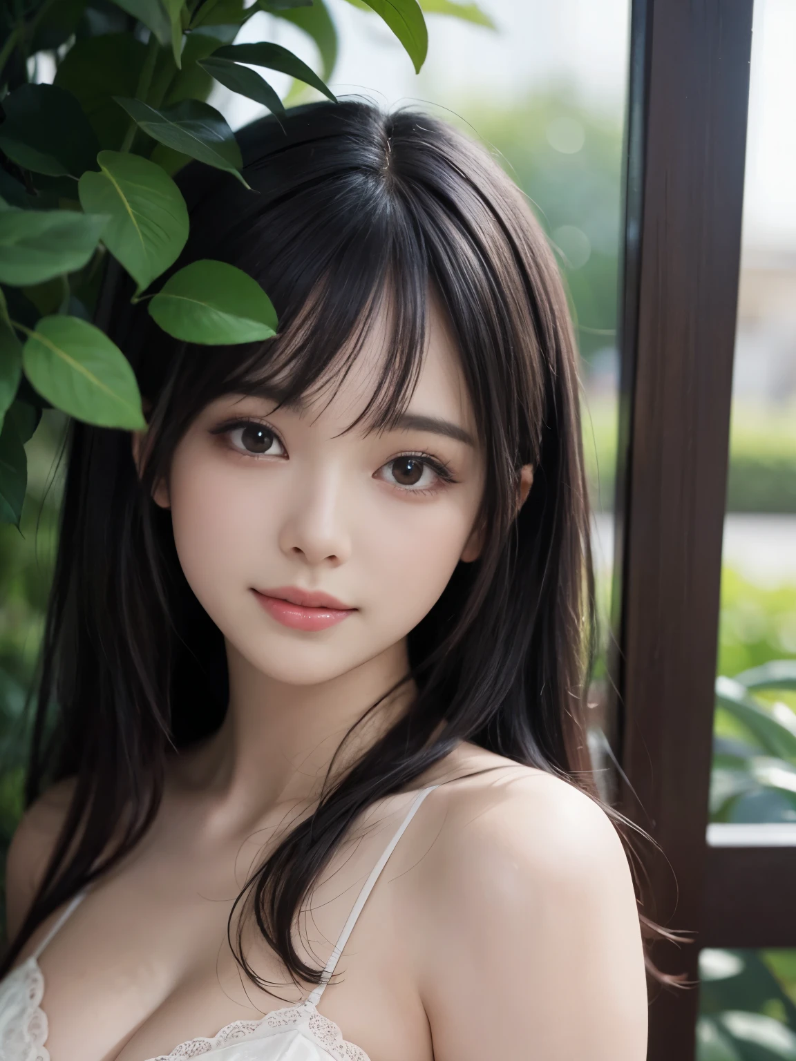 (ultra realistic) , (illustration), (increase resolution), (8K), (extremely detailed), (best illustration), (beautiful detailed eyes), (best quality), (ultra-detailed), (masterpiece), (wallpaper), (detailed face), solo,1 girl, looking at viewers, black straight hair, delicate details, in the dark, deep shadow, low key, pureerosfaceace_v1, happy smile, summer dress, full body, garden