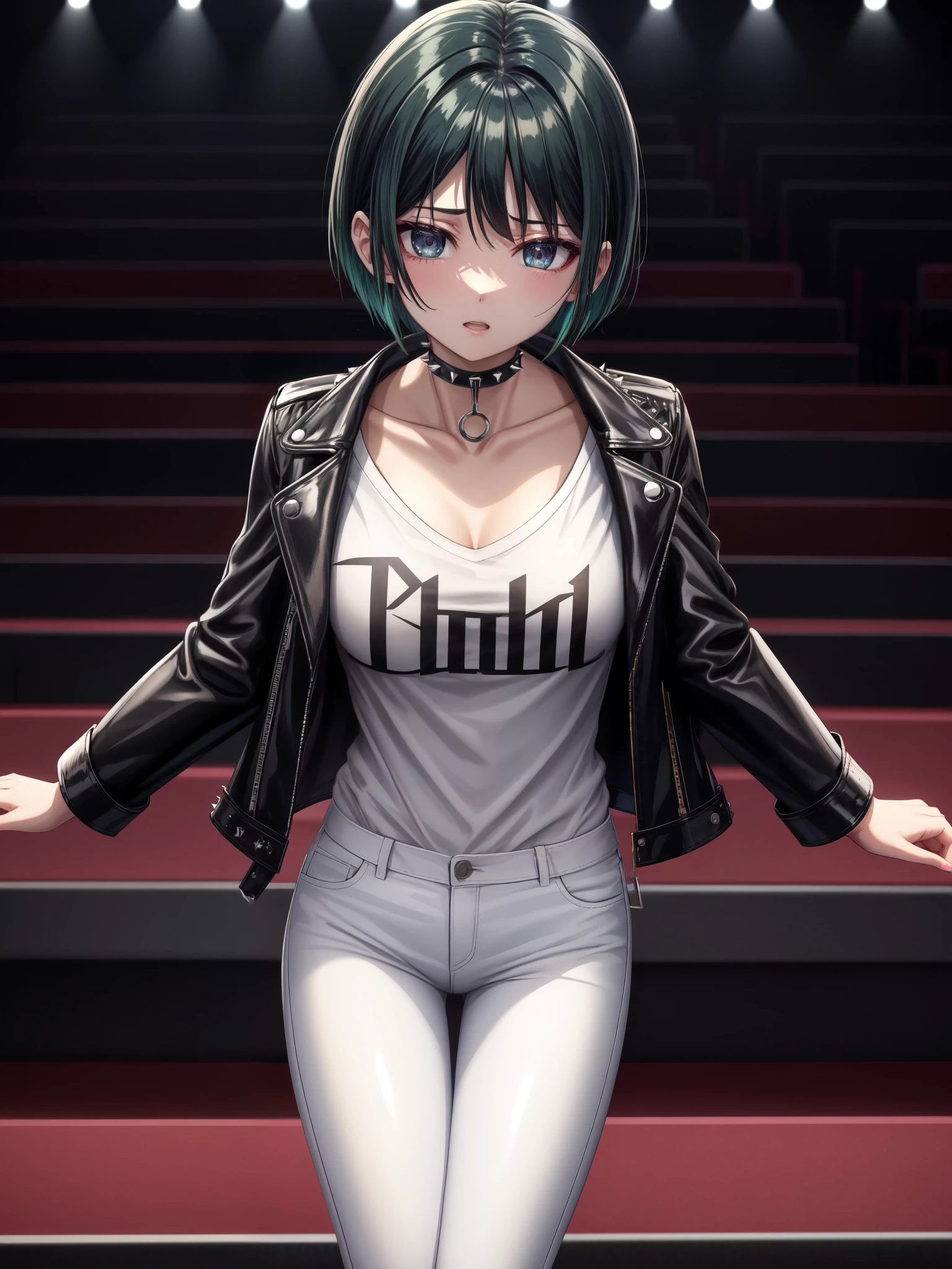 score_9、Wodeipoi、1 girl、solo、Goth Woman、short hair、Black Hair、Green hair core、Small breasts、White skin、Perfect Eyes、Black leather jacket、White T-shirt、Black jeans、High Height、Spiked Choker、Squeeze the 、Bend、Staring at the audience、