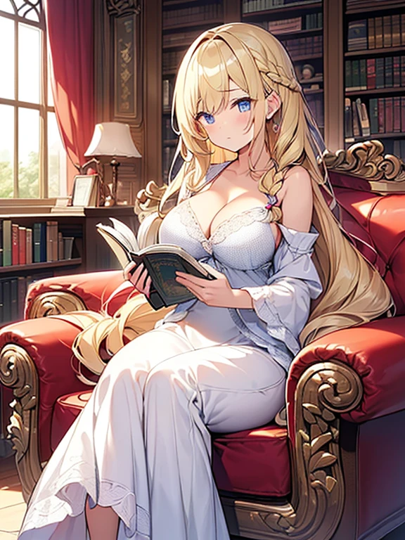 Tabletop, highest quality,figure, wallpaper, Super detailed, Absurd beauty、((1 beautiful girl、))、(Blonde、Long Hair、Braided hair、Wavy Hair、profile、sitting on the sofa reading a book、Focus on books、Ample breasts、Showing cleavage)、My Room、Casual attire、Summer clothes、Loungewear、evening、Backlight