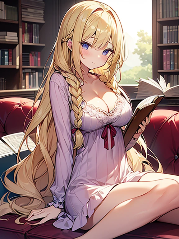 Tabletop, highest quality,figure, wallpaper, Super detailed, Absurd beauty、((1 beautiful girl、))、(Blonde、Long Hair、Braided hair、Wavy Hair、profile、sitting on the sofa reading a book、Focus on books、Ample breasts、Showing cleavage)、My Room、Casual attire、Summer clothes、Loungewear、evening、Backlight