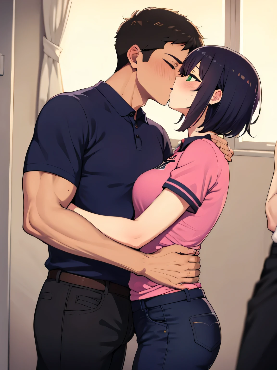 Standing, Reluctant, Running away, Refusing, Being in trouble, Being caught, Green eyes, Wearing a hot pink polo shirt, Black trousers, Adult woman wearing glasses, The exact number of fingers、Short sleeves Exact leg count、Exact number of arms、, Short hair Black hair, (blush:1), (Small breasts:1),highest quality, High resolution,Highly detailed face, Extremely detailed CG, (Perfect hands, Perfect Anatomy),Hospital, examination room, dynamic angle, forced kiss, hug, deep kiss, lots of drool, sexual harassment, humiliation, caught by multiple men