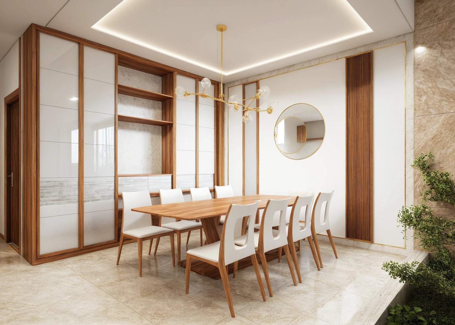 dinning room, interior design, modern style, (walnut furniture style), (white wall:1.2), wardore wooden with panel facade glass, ((white panel arcylic:1.1) design)), (architectural visualization style:1.2), (reflection), (focus on object), (material normal bump real reflection), (scattered light) ((((volumetric light))), (spotlight), (hidden light) (multi-beam light), (sunbeam) (multi-level reflection), (grossy mable floor), led light, 4000 KEVIN, spotlight, (mid day sky background), hidden light, (corona software visualization render:1.2)