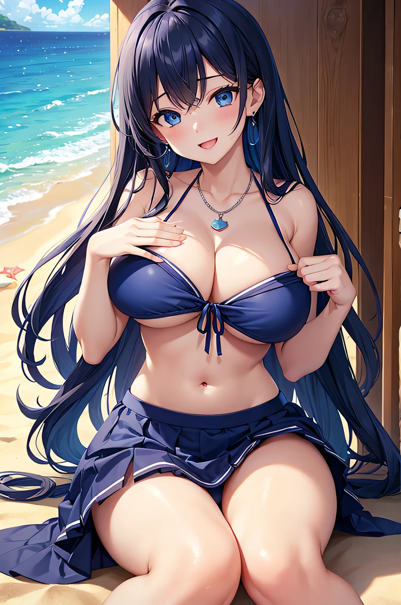 highest quality、Best image quality、masterpiece、beautiful girl、Navy blue long hair、blue eyes、Navy Blue Bikini、Big cleavage、(Big Breasts)、smile、blue necklace、Blue Earrings、background(Beach)、Sexy pose、Please open your mouth wide、Navy Blue Skirt