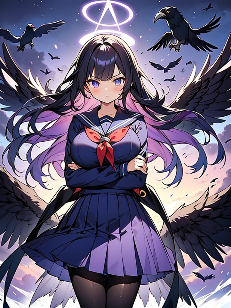 anime style,ultra hyper tall and cute girl,huge breasts,
((arms folded and fall back),
crow angel,blue school sailor uniform,navy skirt,glowing purple halo,crow wings,black long hair,pantyhose,