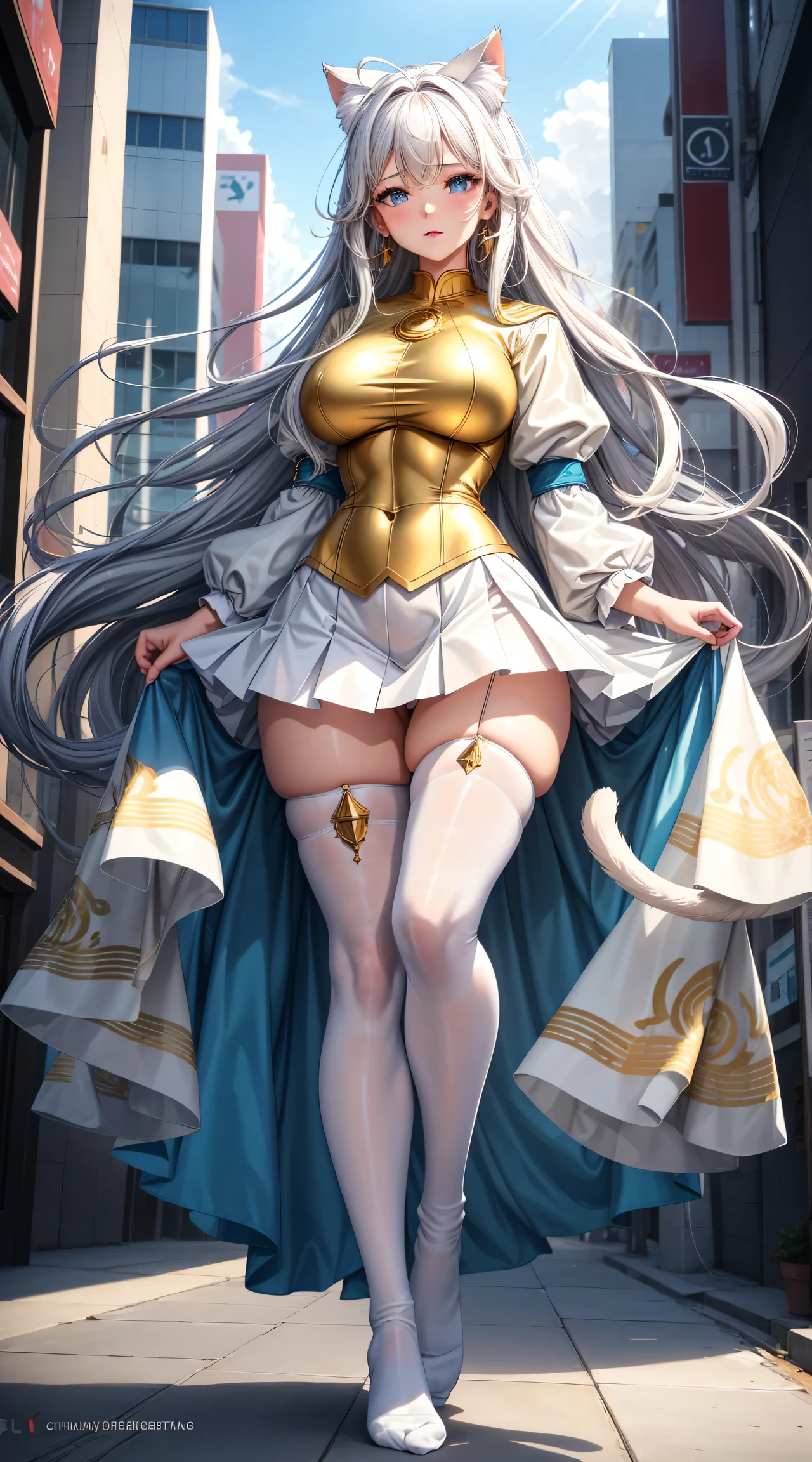 (best quality:1.5, highres, UHD, 4K, detailed lighting, shaders), white wavy hair, gradient hair, cat ears, large breasts, big butt, big thighs, mature woman, small shirt, skirt, extra long socks, white panties, , (pov), full body, white background, colorful eyeshadow, dramatic lighting, sparkling eyes, confident expression, golden earrings, flowing hair, delicate facial features, soft skin, high cheekbones, stylish clothing, urban setting, white background