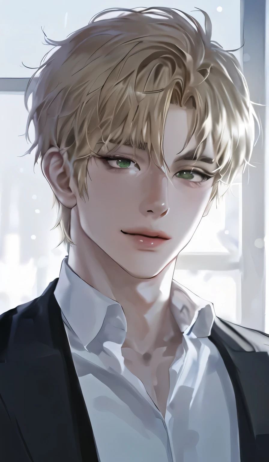 1little boy, portrait, solo,lips, green eyes, looking at viewer, blonde hair, short hair, smile. Realist