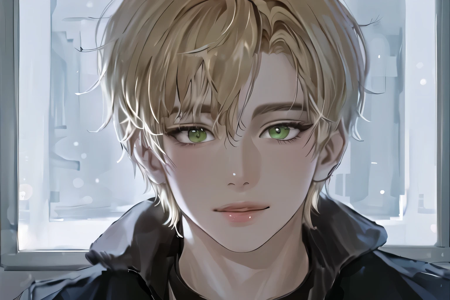 1little boy, portrait, solo,lips, green eyes, looking at viewer, blonde hair, short hair, smile. Realist