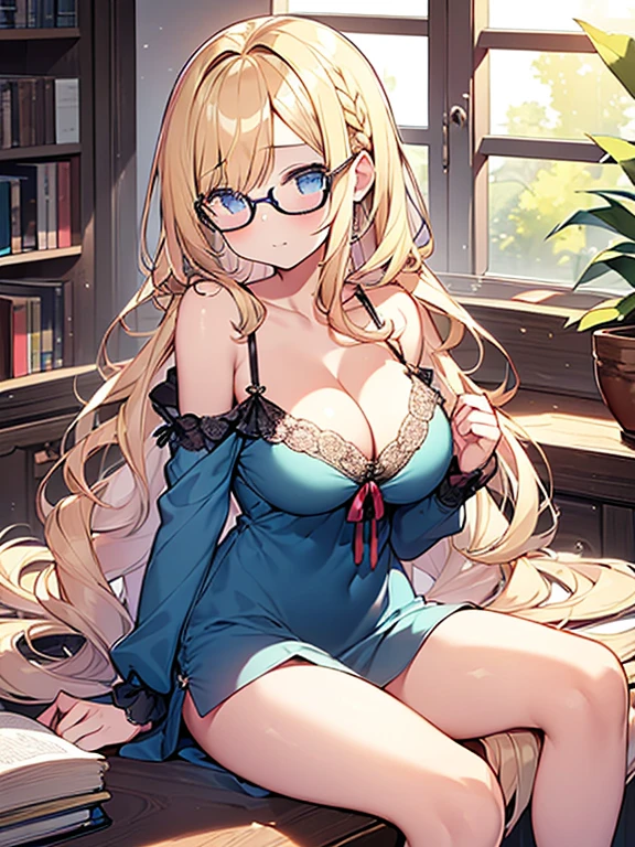 Tabletop, highest quality,figure, wallpaper, Super detailed, Absurd beauty、((1 beautiful girl、))、(Blonde、Long Hair、Braided hair、Wavy Hair、profile、Sit down and read a book、Wear glasses、Ample breasts、Showing cleavage)、My Room、Casual attire、Summer clothes、Loungewear、evening、Backlight