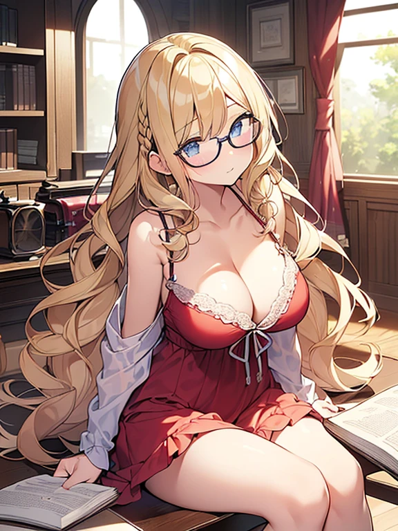 Tabletop, highest quality,figure, wallpaper, Super detailed, Absurd beauty、((1 beautiful girl、16 years old))、(Blonde、Long Hair、Braided hair、Wavy Hair、profile、Sit down and read a book、Wear glasses、Ample breasts、Showing cleavage）、My Room、Casual attire、Summer clothes、Loungewear、evening、Backlight