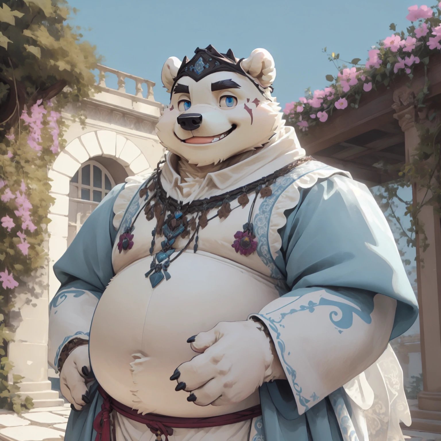 New Jersey 5 Furry，polar bear，portrait，Unique，Exquisite， Chubby，Fat，Thick arms，Rugged muscles，White plush fur，Chubby脸，Black eyebrows，Sky blue eyes，Beard，middle Ages，classic architecture，garden，Prince Costume，Smile