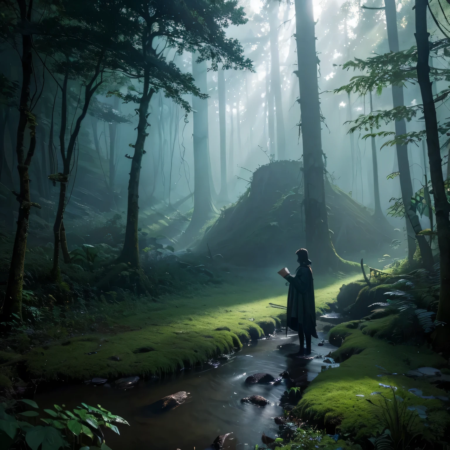 in dark forest, a man Holding a map，Standing on the top of the mountain。dark forest,The sun shines on his face，Make him look extra handsome。on map，Each mark shines brightly，Like stars of hope。illustration, 4k professional painting, game, Detailed key animation art, illustration, a beautiful artwork illustration, Beautiful digital painting, Highly detailed digital painting, Beautiful digital art work, Detailed painting 4k, Highly detailed digital painting, Rich colors like a painting, Gorgeous numbers Dense mysterious forest,Slime lies on wet leaves,An exquisite magic summoning circle filled with unknown words,natural aesthetics,Foggy atmosphere,ominous lighting,creepy ambiance,There is fog all around,Dense vegetation,Climbing vines and mossy trees,hidden path,Dappled sunlight,Silhouette of lurking creature,Hints of magical energy,Charming atmosphere,Ancient and mysterious,invisible whisper,faintly glowing runes,surreal atmosphere,Overgrown with ferns and mushrooms,Glimpse of otherworldly creatures,The soft sound of rustling leaves,a weird feeling of isolation,Dark Shadow,worn tree trunk,Subtle sounds of wildlife,Light earthy and rotten smell,aura of ancient power,Original and wild beauty,A sense of fascination and danger lurking in the depths,Curiosity and the unknown,The stark contrast between light and darkness,Secrets hidden deep in the forest,Occasionally a mysterious sound breaks the ominous silence. (best quality,Super detailed,Practical),Dark Fantasy,fear,concept art,Colorful,Ethereal color palette,Gloomy atmosphere,Soft as a dream.