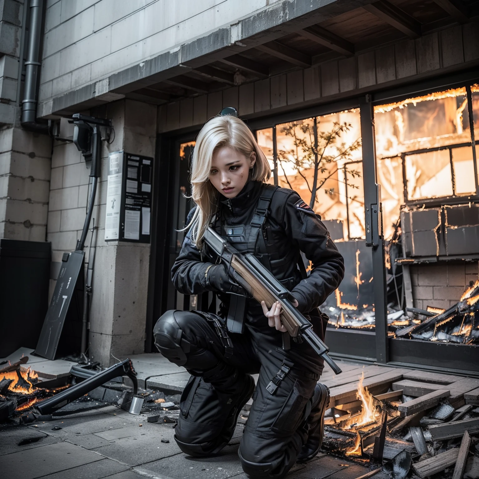 (A female soldier with a strong body)、(((Fire your shotgun to kill the android:1.4)))、solo:1.4、(black combat uniform)、(platinum-blonde-hair:1.2)、Has a variety of weapons、Running through the rubble、((Ultra A high resolution))、write in detail、masterpiece、top quality、Extremely detailed CG、8K quality、movie lights、lens flare、(Night Battles)、((From inside the building to the outside))、hyper detailing、Android wreckage、cowboy shot:1.4、diagonally above 、(hk416)、spin、detailed gun description、Guns with perfect detail、Long barrel without distortion、kneel down