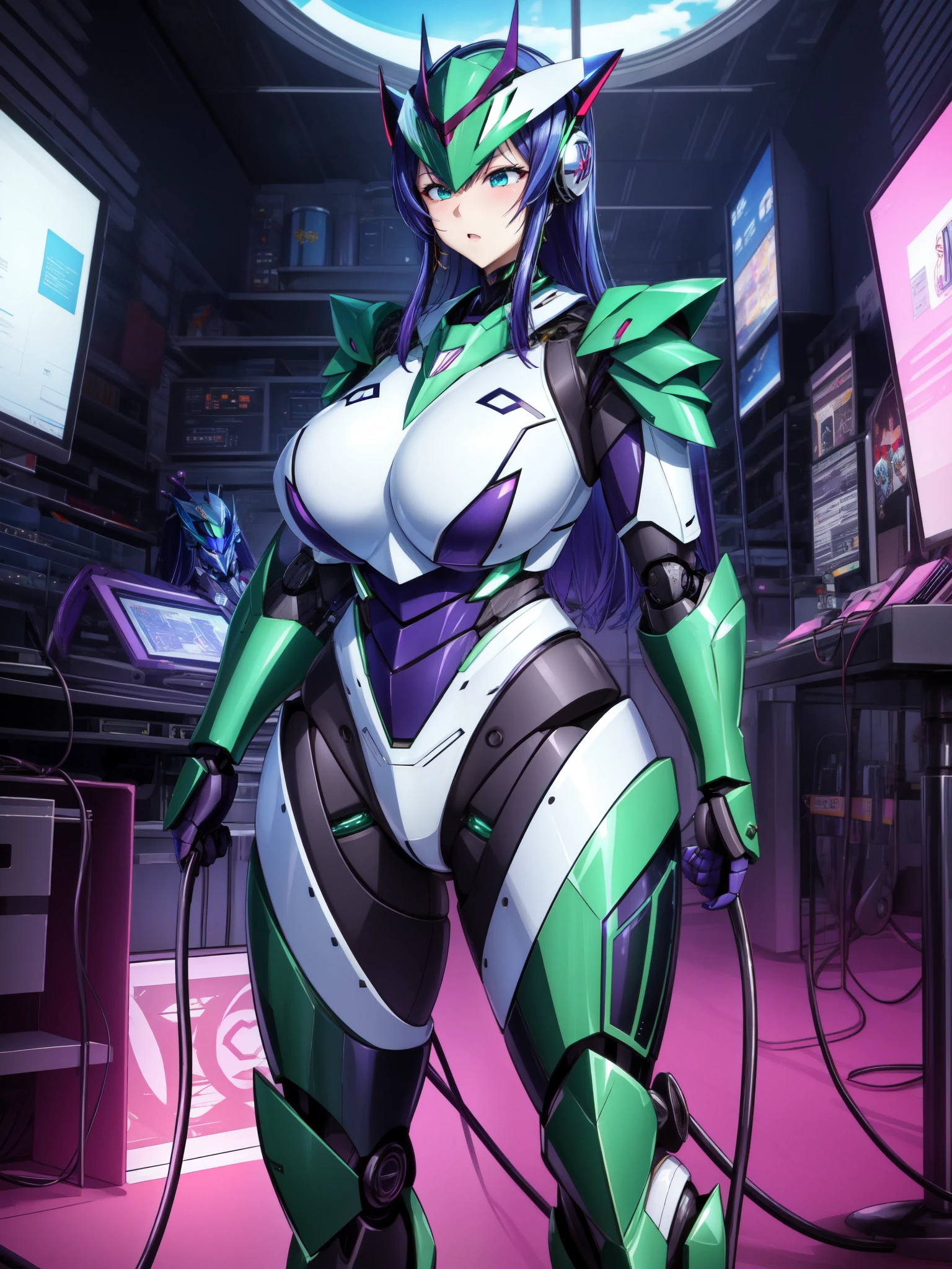 score_9、score_8_up、score_7_up、Robot Girl、Mechanical、Robotics、vein、Armor plating、Exoskeleton、metallic、Expressive、Mr_Monster_Positive、Green armor、high tech、SF、Future、Sleek design、metallicな輝き、night、thin、( (very wide hips))、Are standing、Inside the spaceship、