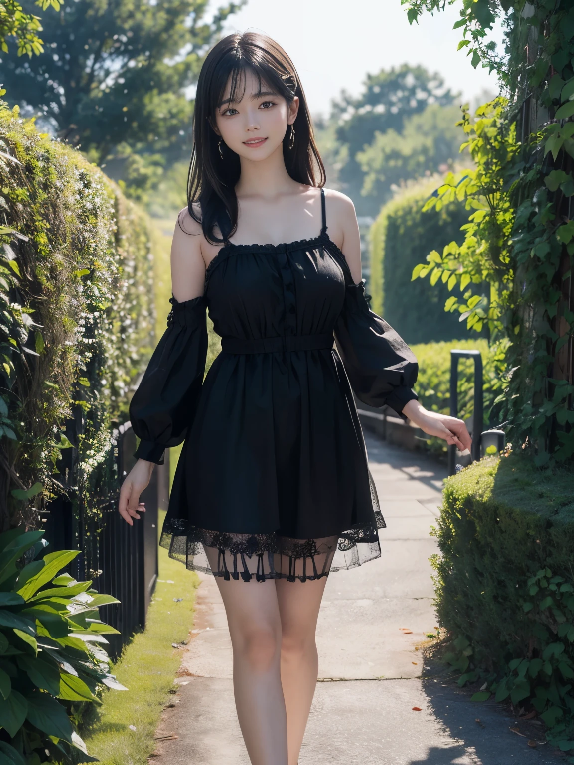 (ultra realistic) , (illustration), (increase resolution), (8K), (extremely detailed), (best illustration), (beautiful detailed eyes), (best quality), (ultra-detailed), (masterpiece), (wallpaper), (detailed face), solo,1 girl, looking at viewers, black straight hair, delicate details, in the dark, deep shadow, low key, pureerosfaceace_v1, happy smile, summer dress, full body, garden